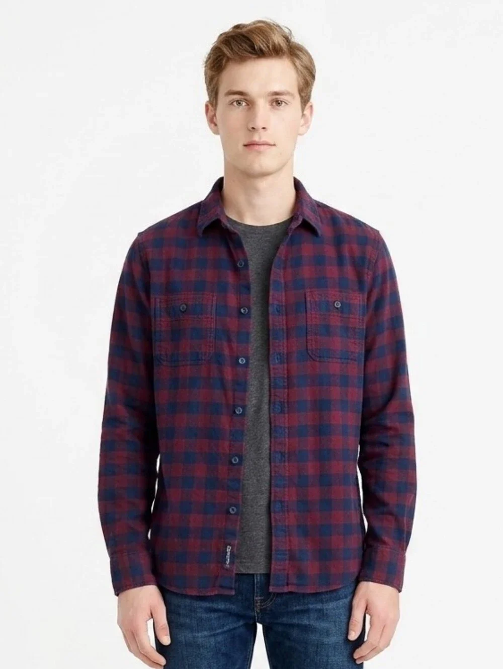 J. Crew Mens Flannel Shirt Large Buffalo Plaid Button Down Navy Burgundy Cotton